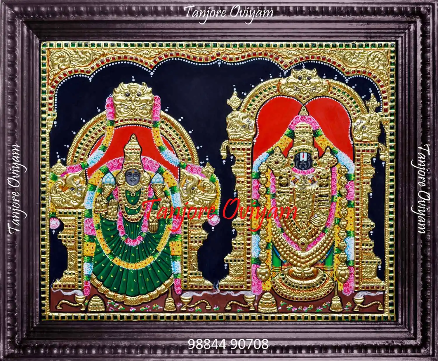 Balaji Thayar painting in traditional Tanjore painting style with gold work and temple arch detailing